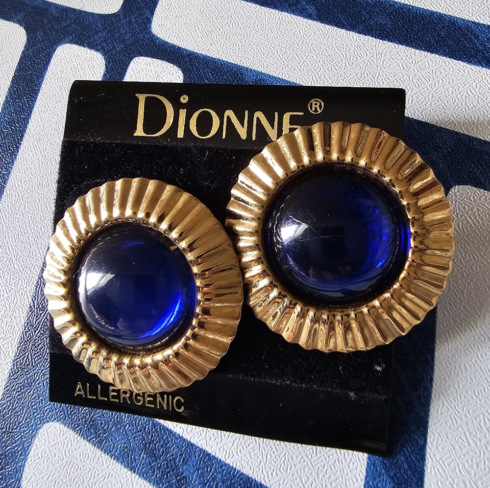 BOGO Vintage 80s Gold Royal Blue Lucite Radial Ribbed Texture Oversized Earrings